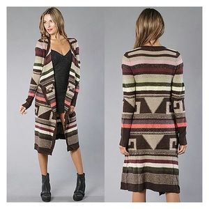 Free People Stripe Aztec Tribal Rolla Coasta Long Angora Wool Cardigan Sweater M